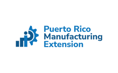 Logo de Puerto Rico Manufacturing Extension en color azul. Incluye un ícono compuesto por engranajes y barras de crecimiento junto al texto “Puerto Rico Manufacturing Extension”.