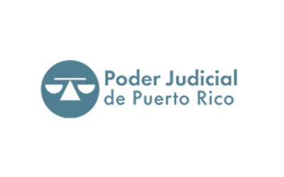Logo del Poder Judicial de Puerto Rico en color azul verdoso. Incluye un ícono circular con una balanza estilizada en blanco y el texto “Poder Judicial de Puerto Rico” a la derecha.