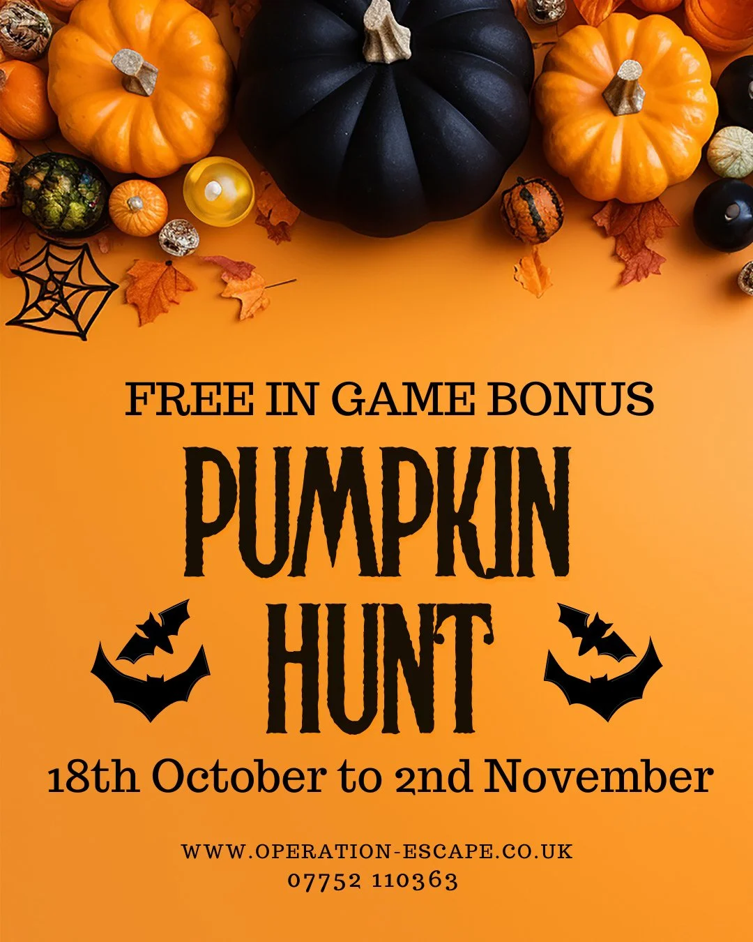 Book to play one of our Escape Rooms during half term* and enjoy a pumpkin hunt in your game FOR FREE! ๐Find all of the pumpkins hidden in your escape room to win a prize.๐โ 
Our pumpkin hunt will be automatically be added to all bookings coming to