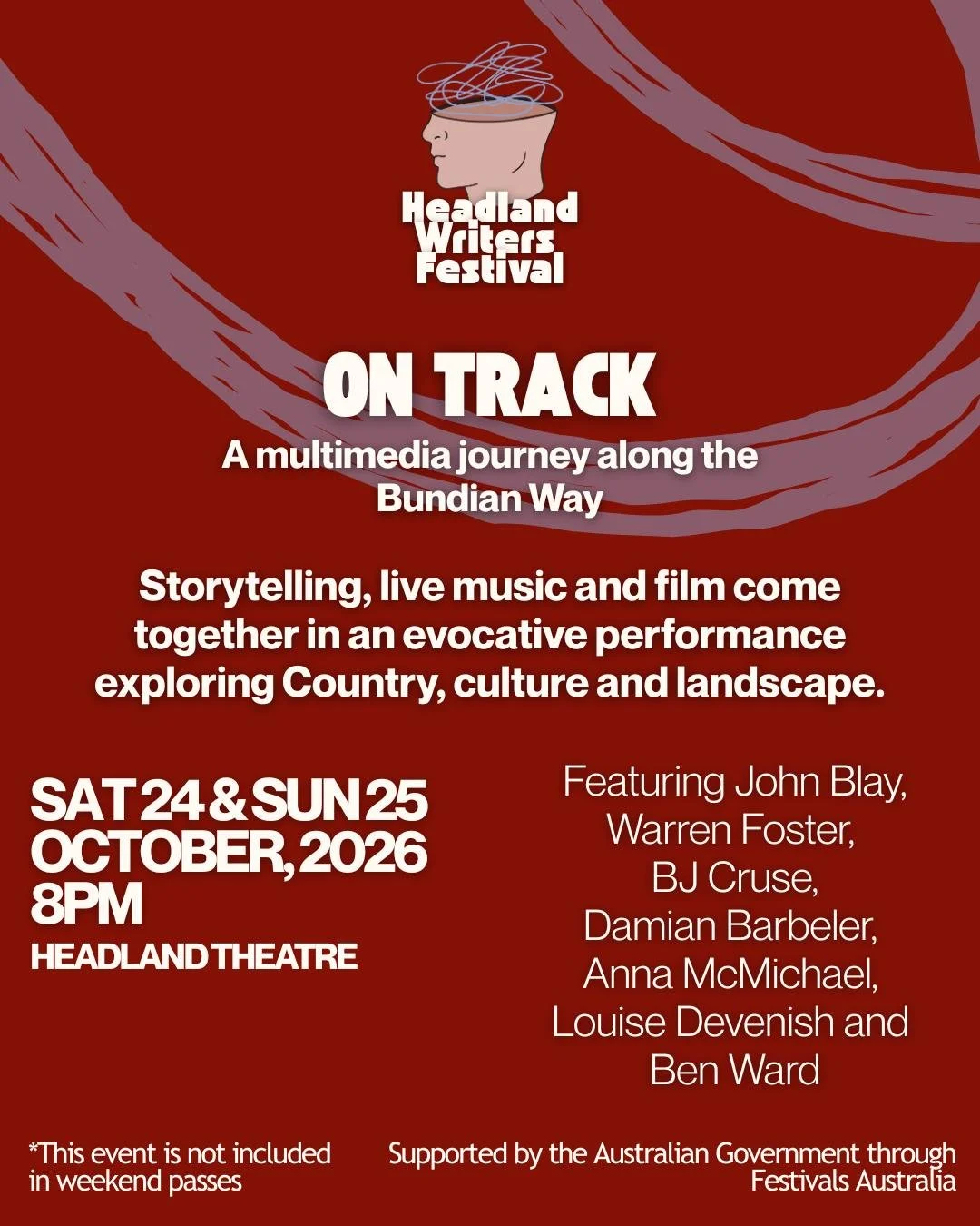 Two nights. One extraordinary journey along the Bundian Way.

On Track brings Country, culture and landscape to life in a powerful multimedia performance combining storytelling, live music and film.

Featuring John Blay, Warren Foster, BJ Cruse, Dami