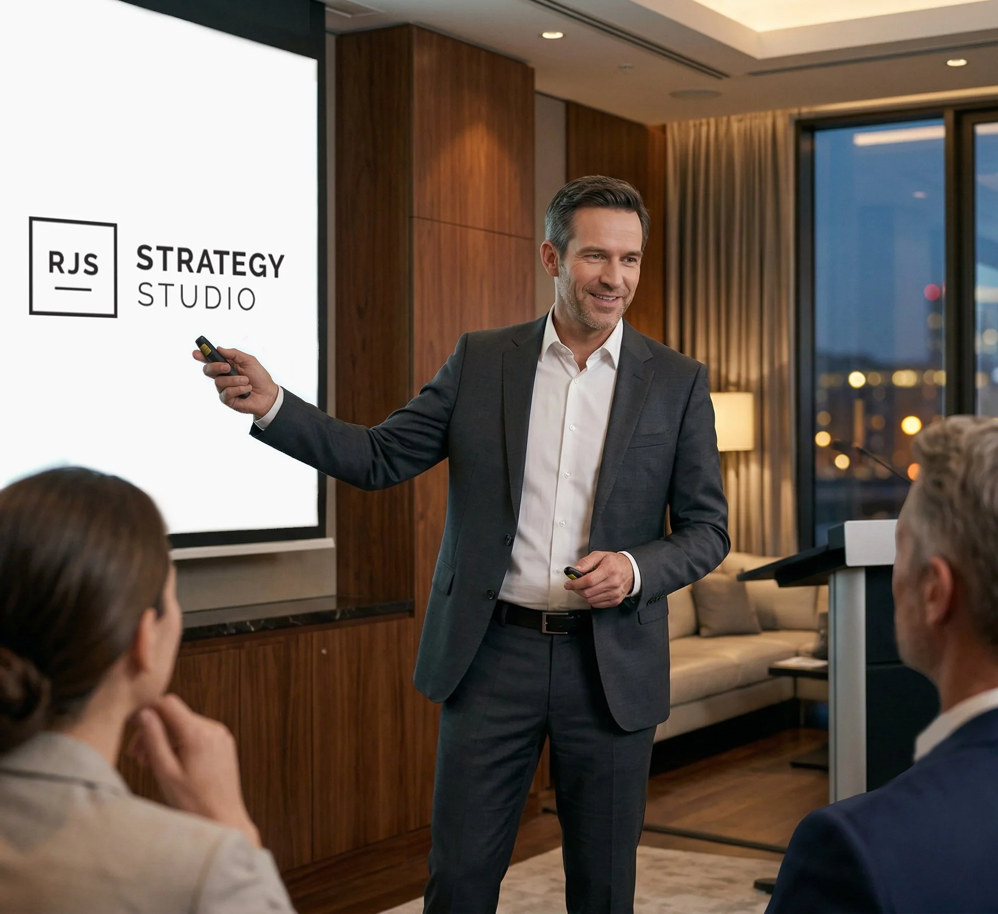 Sales leader leading an executive presentation on how our Strategy Consultancy can be their next strategic thought partner