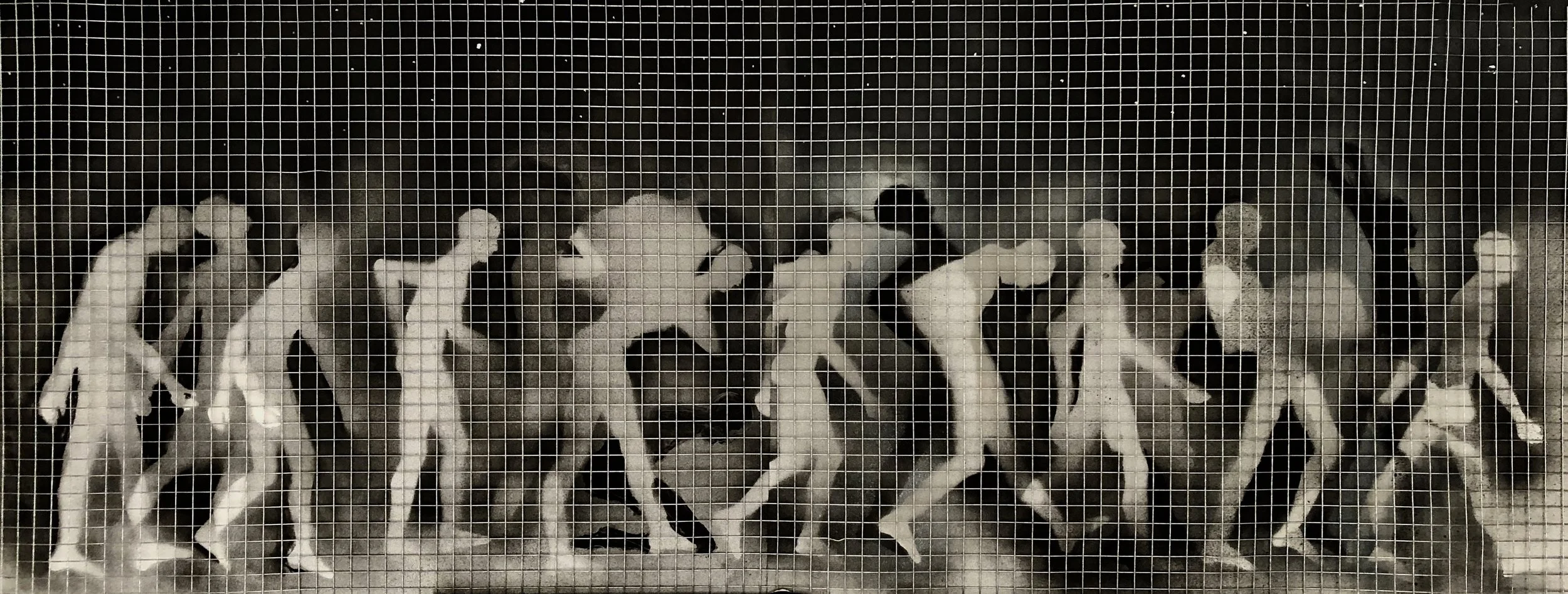 Wall, 2020, spray paint, charcoal, hardware cloth, 48" x 18"