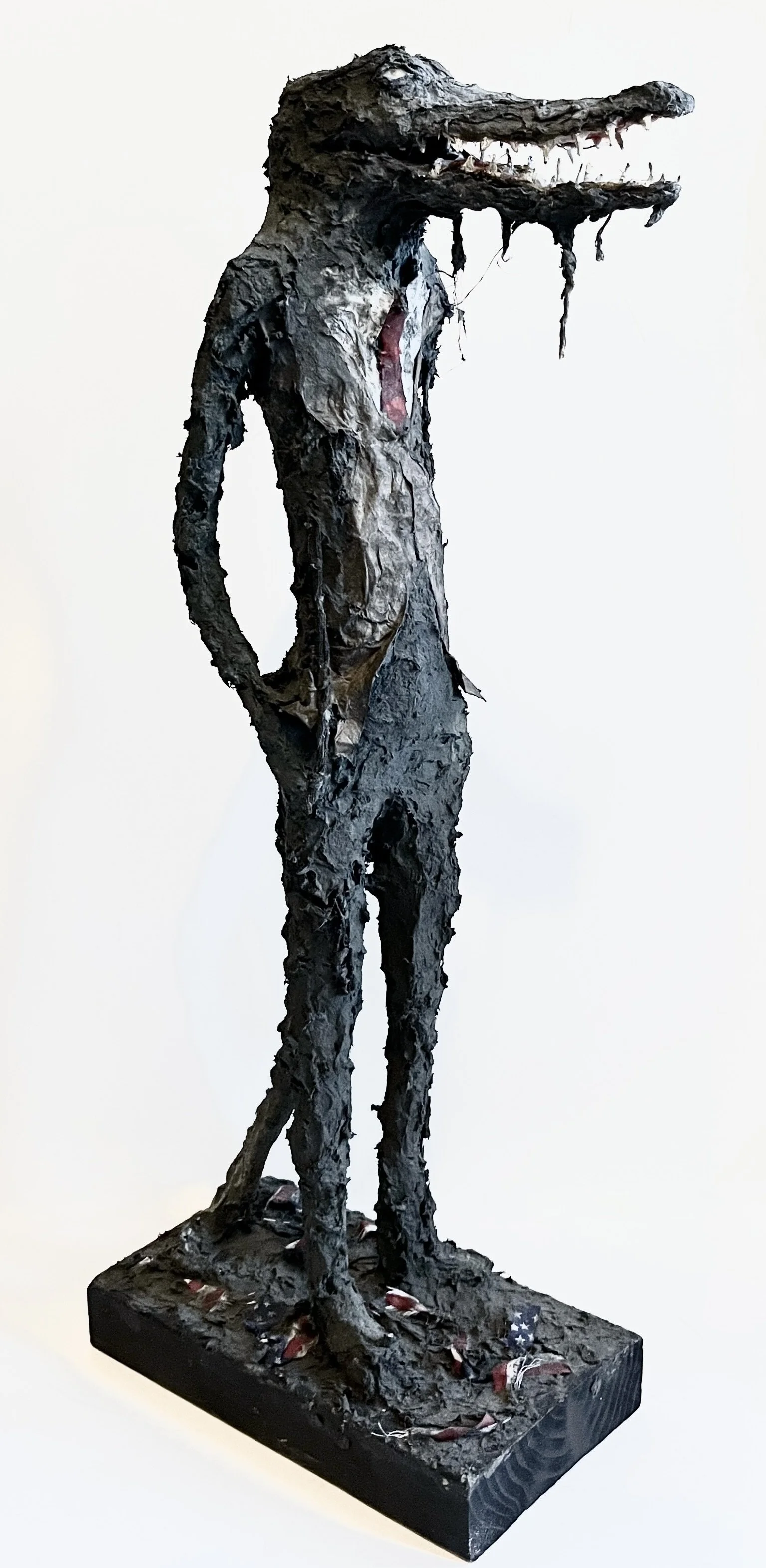 Swamp King, wire, paper clay, fabric, paper, 25" x 5.5" x 11," 2024