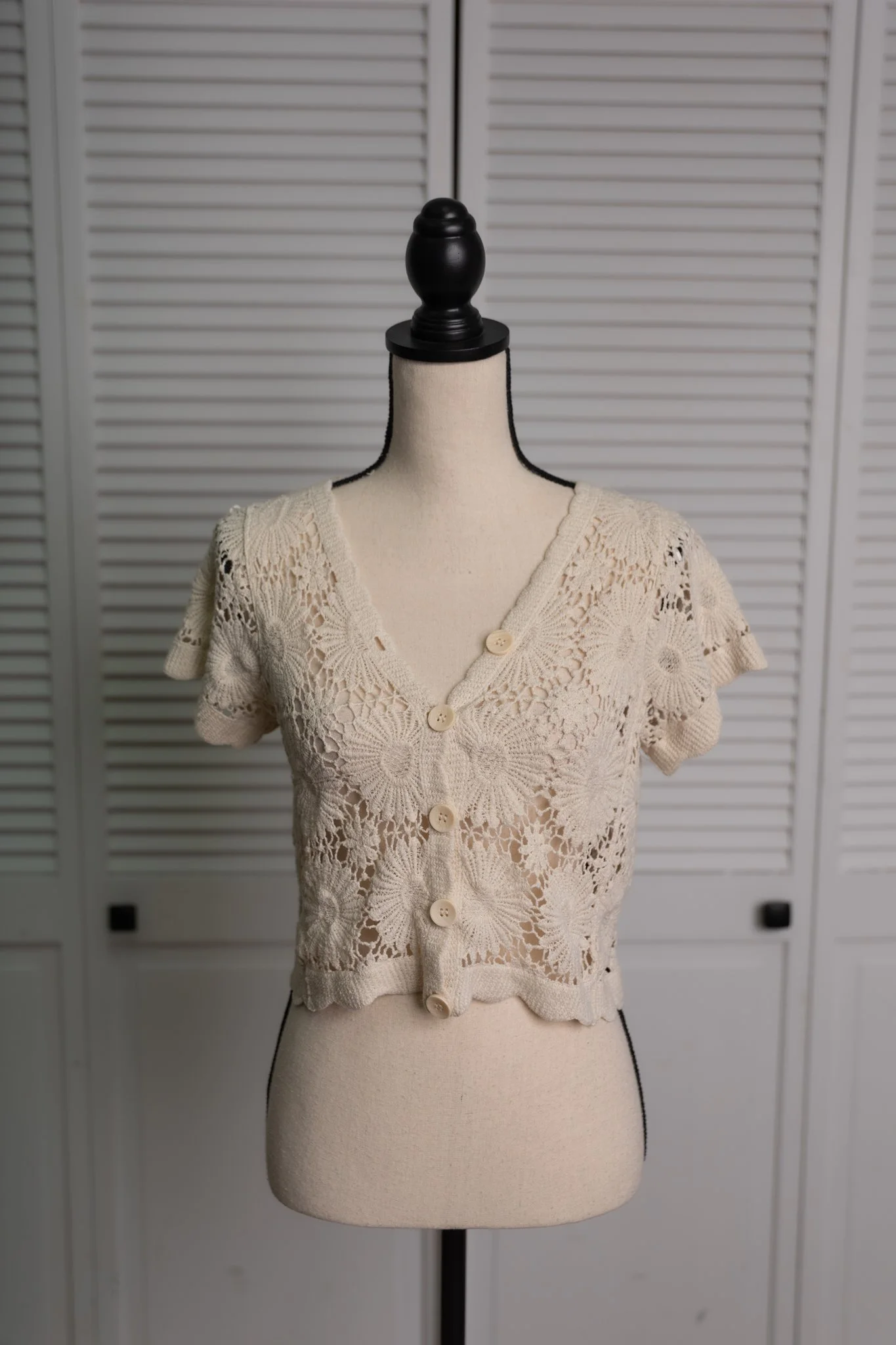 S - cream embroidered cotton button down top