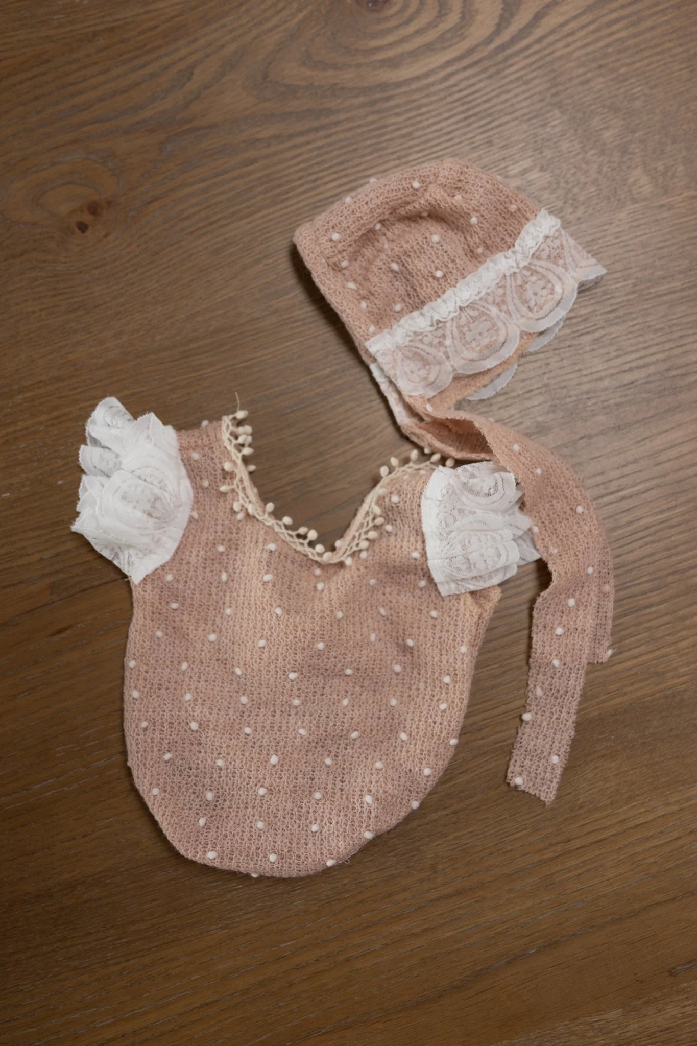 NB - mauve knit onesie w/ bonnet