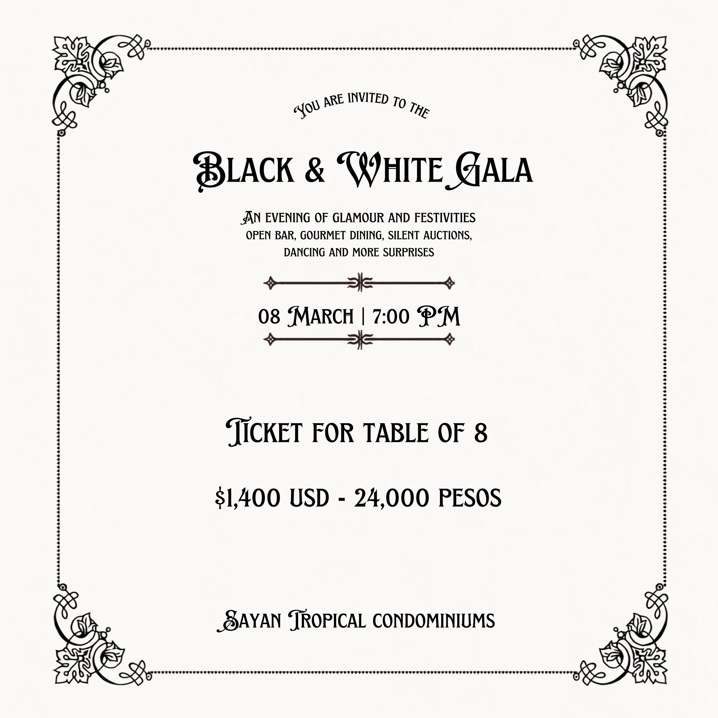 BLACK & WHITE GALA - TABLE OF 8 ($200 USD Discount)