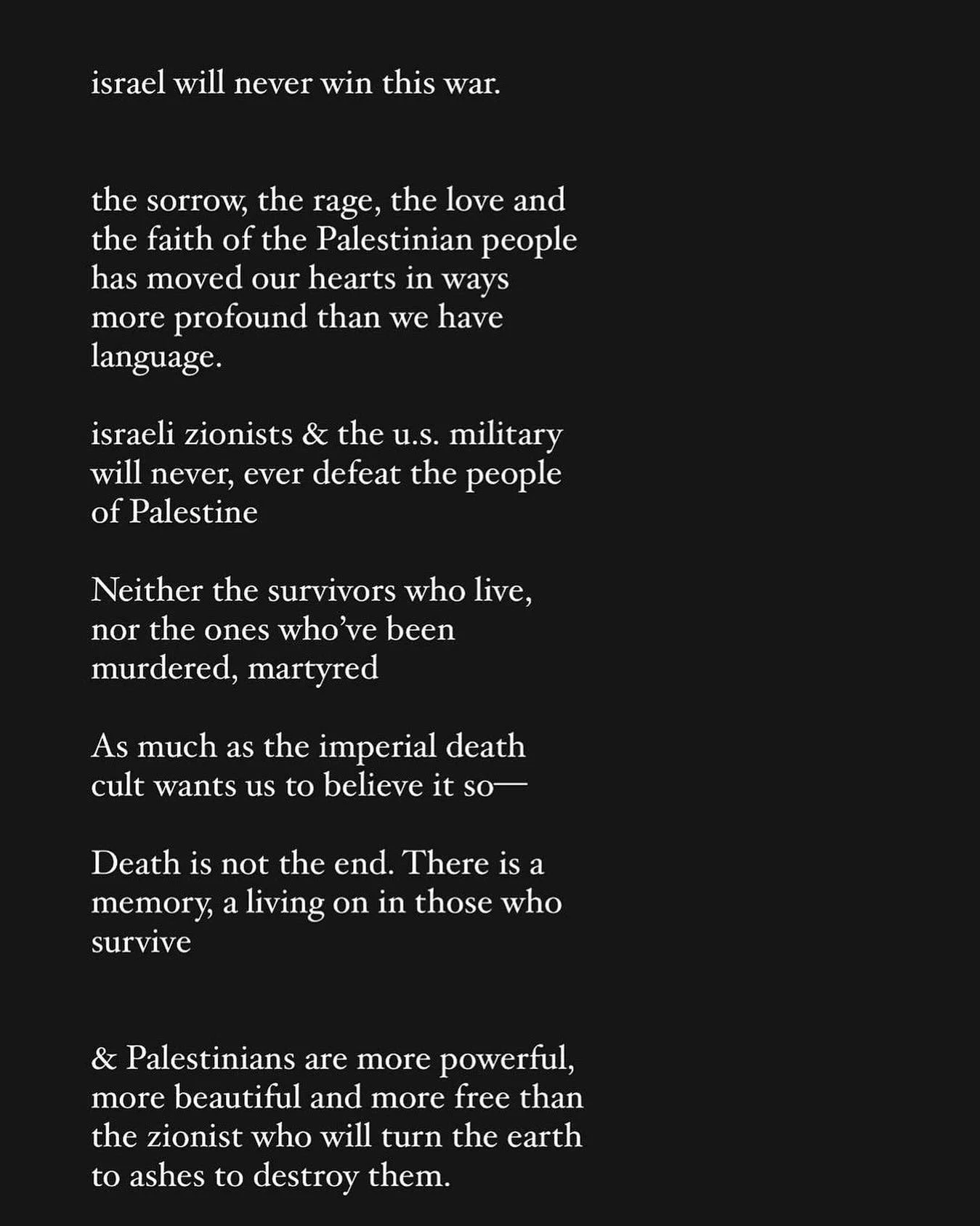 Palestine will be FREE

Repost from @studiotanais 
Palestinians are more powerful, beautiful and more free, than the zionist that will turn the Earth to ashes to destroy them. 

All that is on my mind, Day 52: We must keep agitating for an end to thi