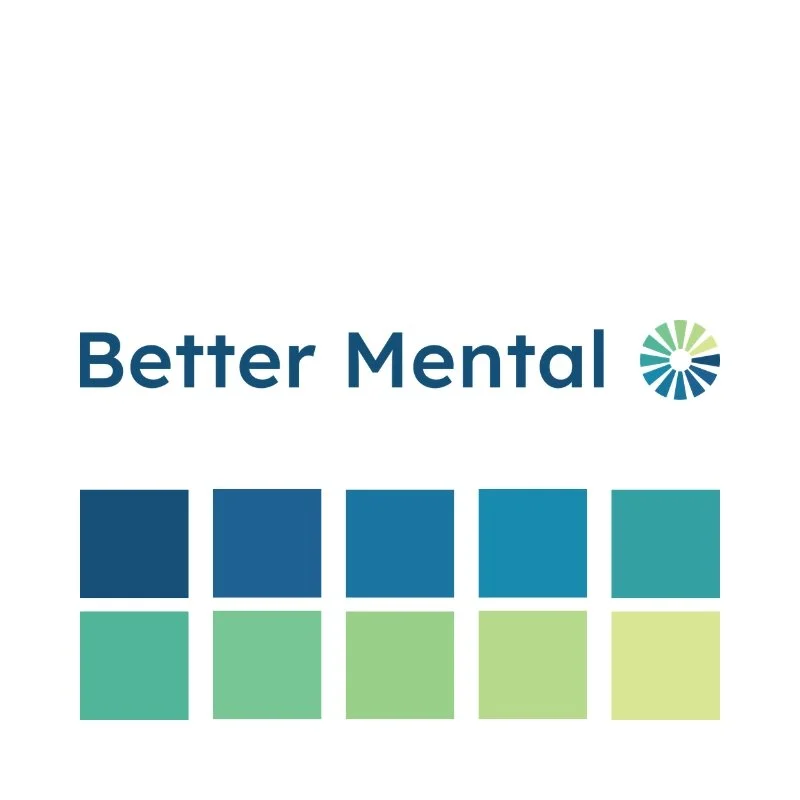 Logo with the words 'Better Mental' and a colorful circular icon, accompanied by five rows of colored squares in varying shades of blue and green.