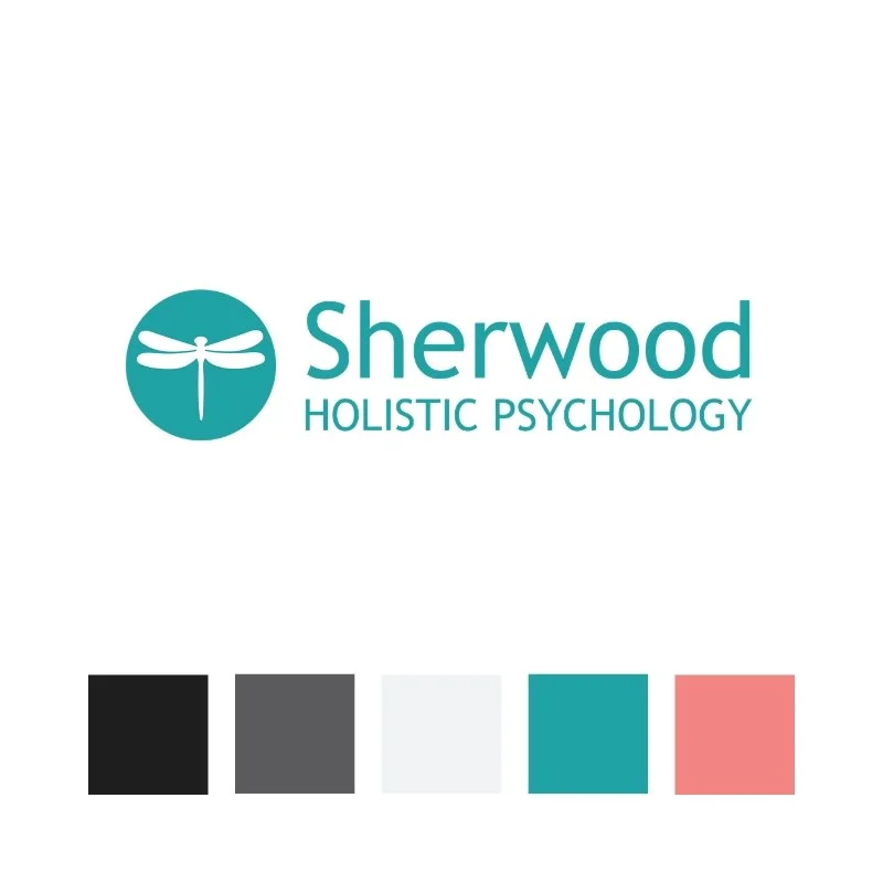 Logo for Sherwood Holistic Psychology featuring a teal dragonfly icon and the company name in teal text.