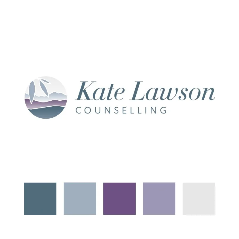 Logo for Kate Lawson Counselling featuring a circular icon with a landscape and tree in muted purple, blue, and gray tones.