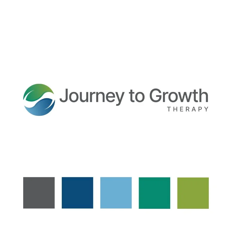 The logo for 'Journey to Growth Therapy' featuring a circular graphic with green, blue, and dark blue waves, the name in gray text, and five color swatches at the bottom.