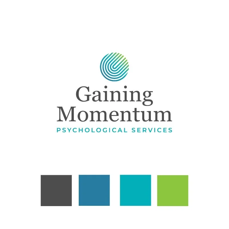 Logo for Gaining Momentum Psychological Services, with a circular, maze-like design in blue and green, and four color swatches in gray, dark blue, light blue, and green below.