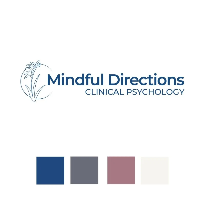 Logo for Mindful Directions Clinical Psychology with a stylized plant illustration and a color palette of dark blue, gray, mauve, and white.