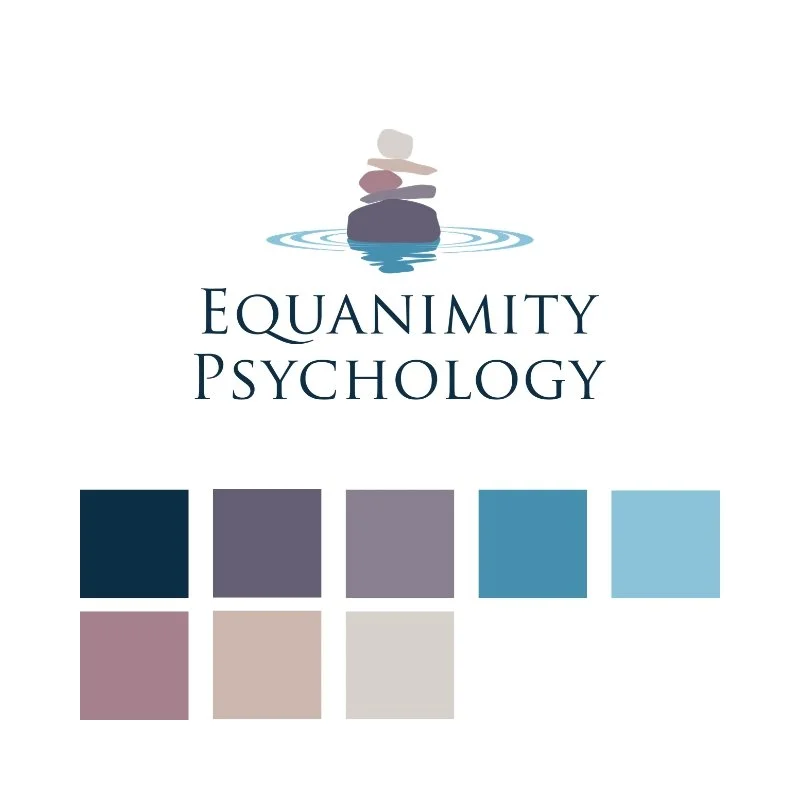 Logo for Equanimity Psychology featuring a stack of smooth stones reflected in water with ripples, and a color palette of nine shades of blue, purple, and beige.