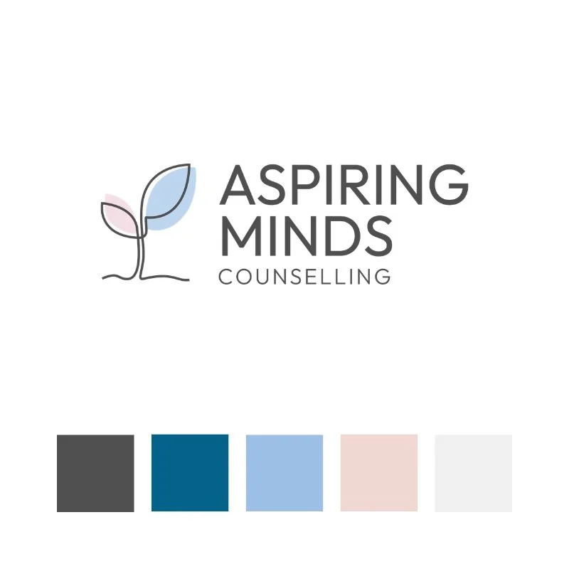Logo of Aspiring Minds Counselling with a minimalist leaf illustration and a color palette of dark gray, blue, light blue, pink, and white.