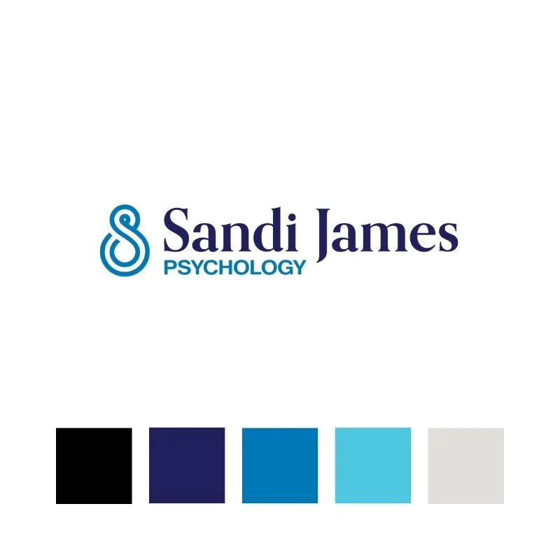 Logo for Sandi James Psychology with a stylized S and a color palette of black, navy, blue, light blue, and gray.