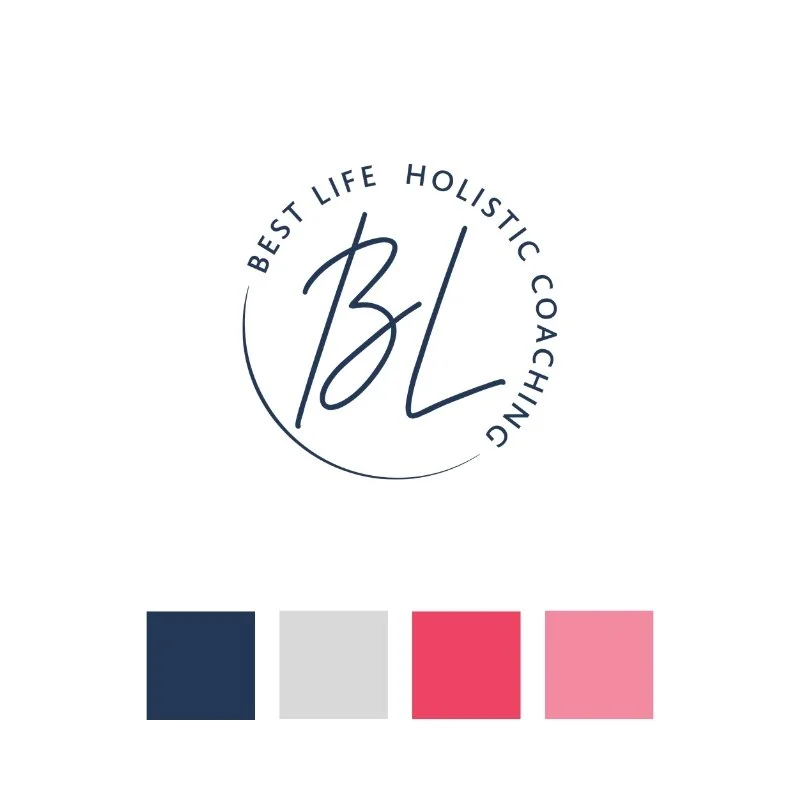 Logo with the text "Best Life Holistic Coaching" surrounding stylized initials "BL" in the center, with a row of four color swatches below in navy, gray, coral pink, and light pink.