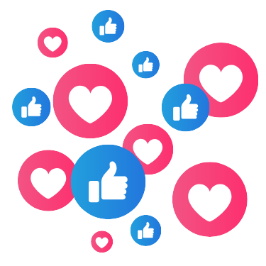 Collection of social media like and love icons in blue, pink, and white, overlapping each other.