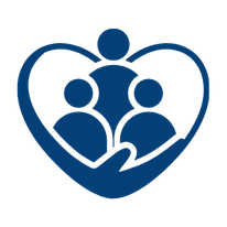 A blue outline of a heart enclosing three people, symbolizing community or support.