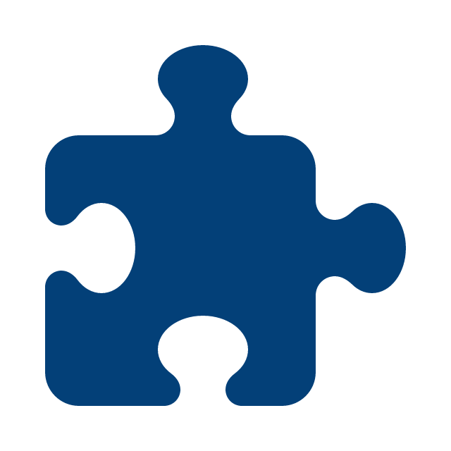 A dark blue puzzle piece with a round shape on top and a protruding tab on the right side.