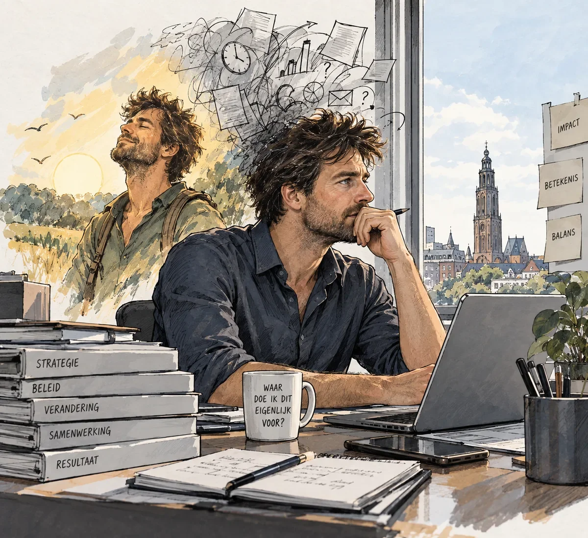 Professional aan het werk met Groningen op de achtergrond