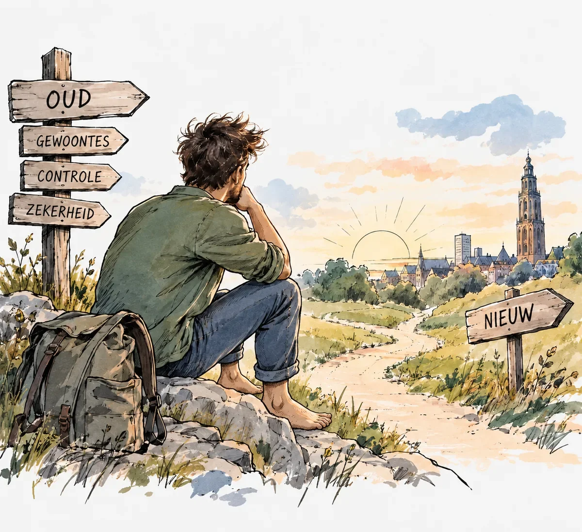 Persoon tussen oud en nieuw die onderzoekt welke richting past