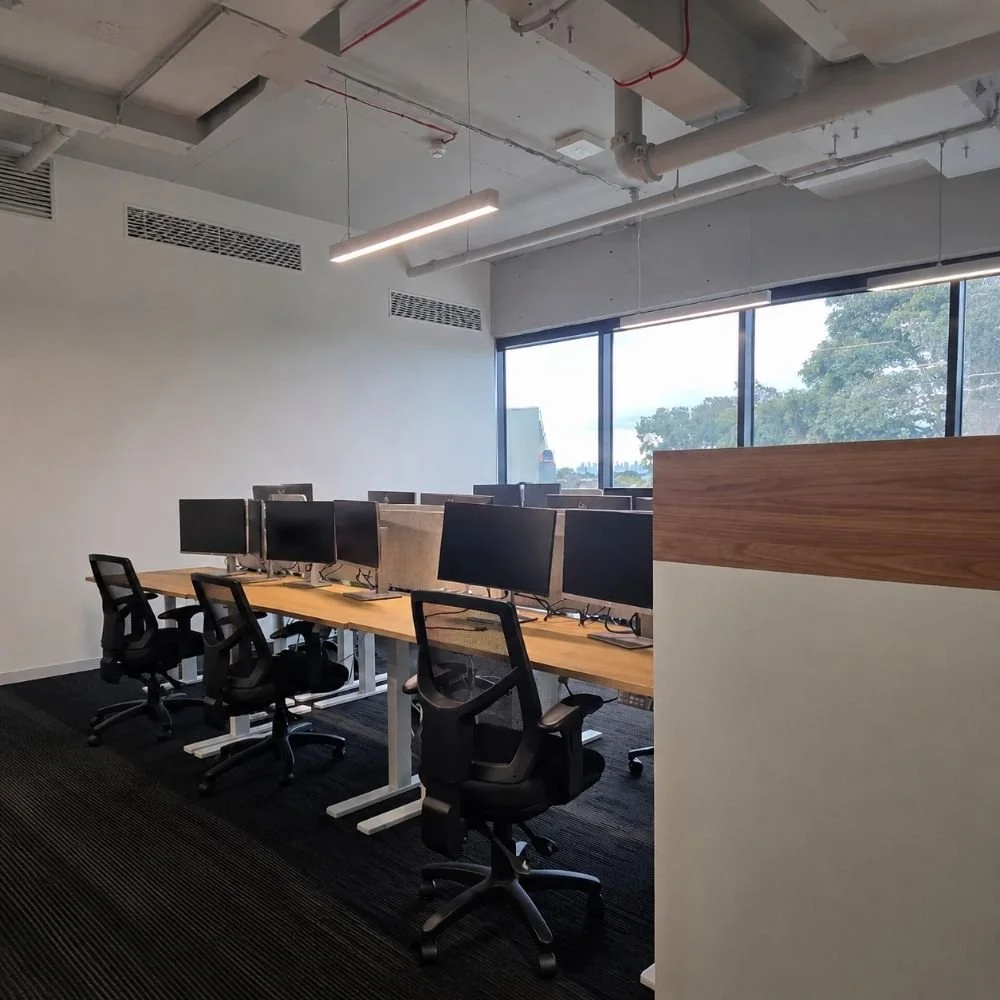 Oak sit stand desk, acoustic panels, black nova ergonomic chair