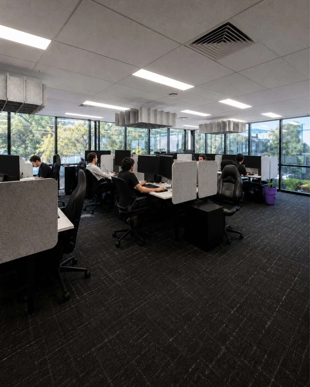 Air sit stand 2 person back to back workstation with grey acoustic double flex panels 