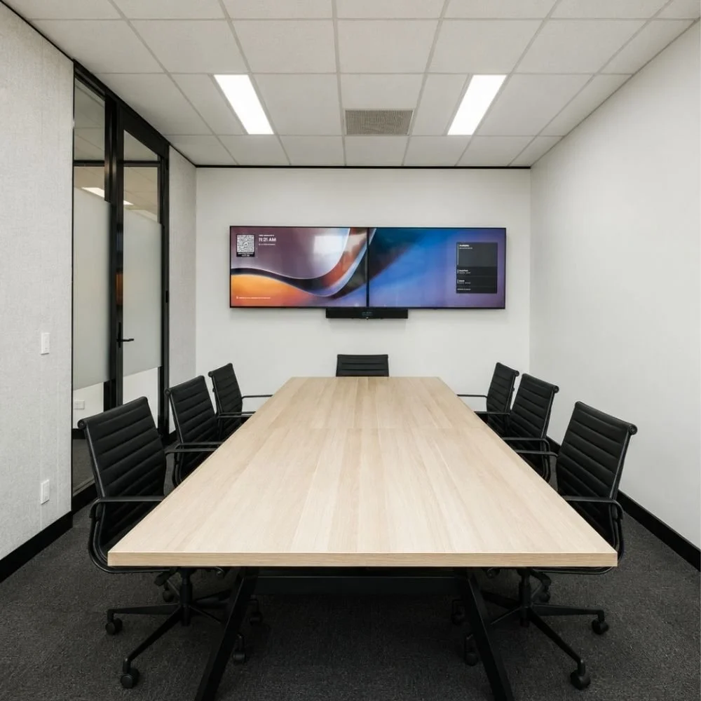 Oak meeting table, boardroom, black office chairs