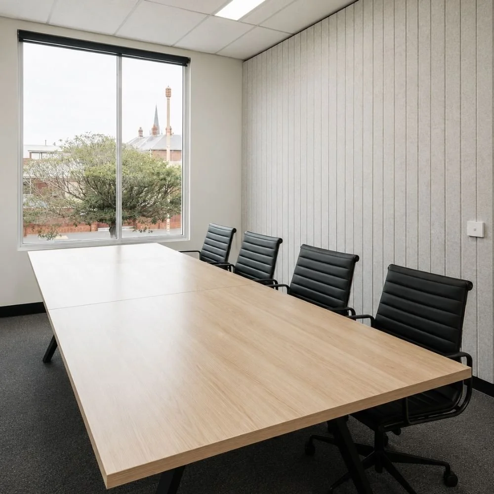 Oak meeting table, black office chiar