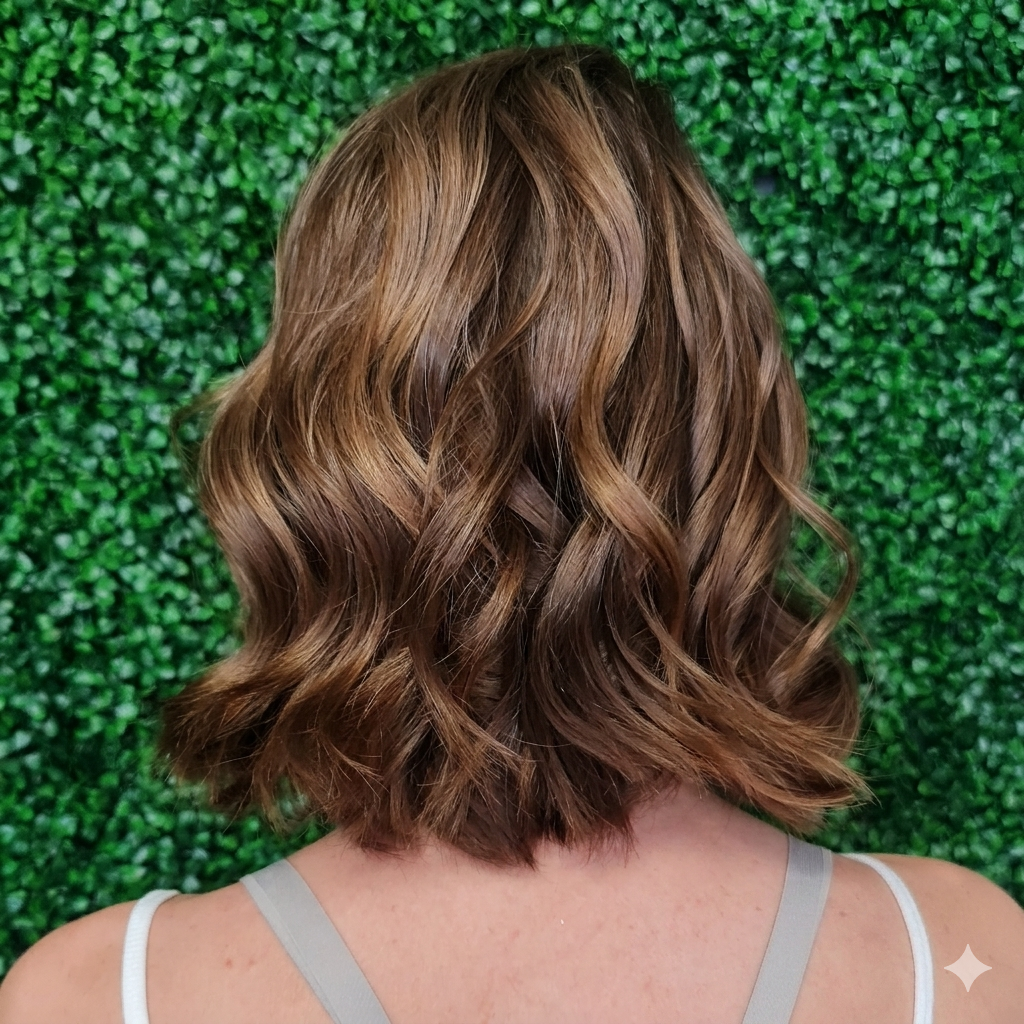 Back of a woman with shoulder-length, wavy light brown hair, standing against a green leafy background.