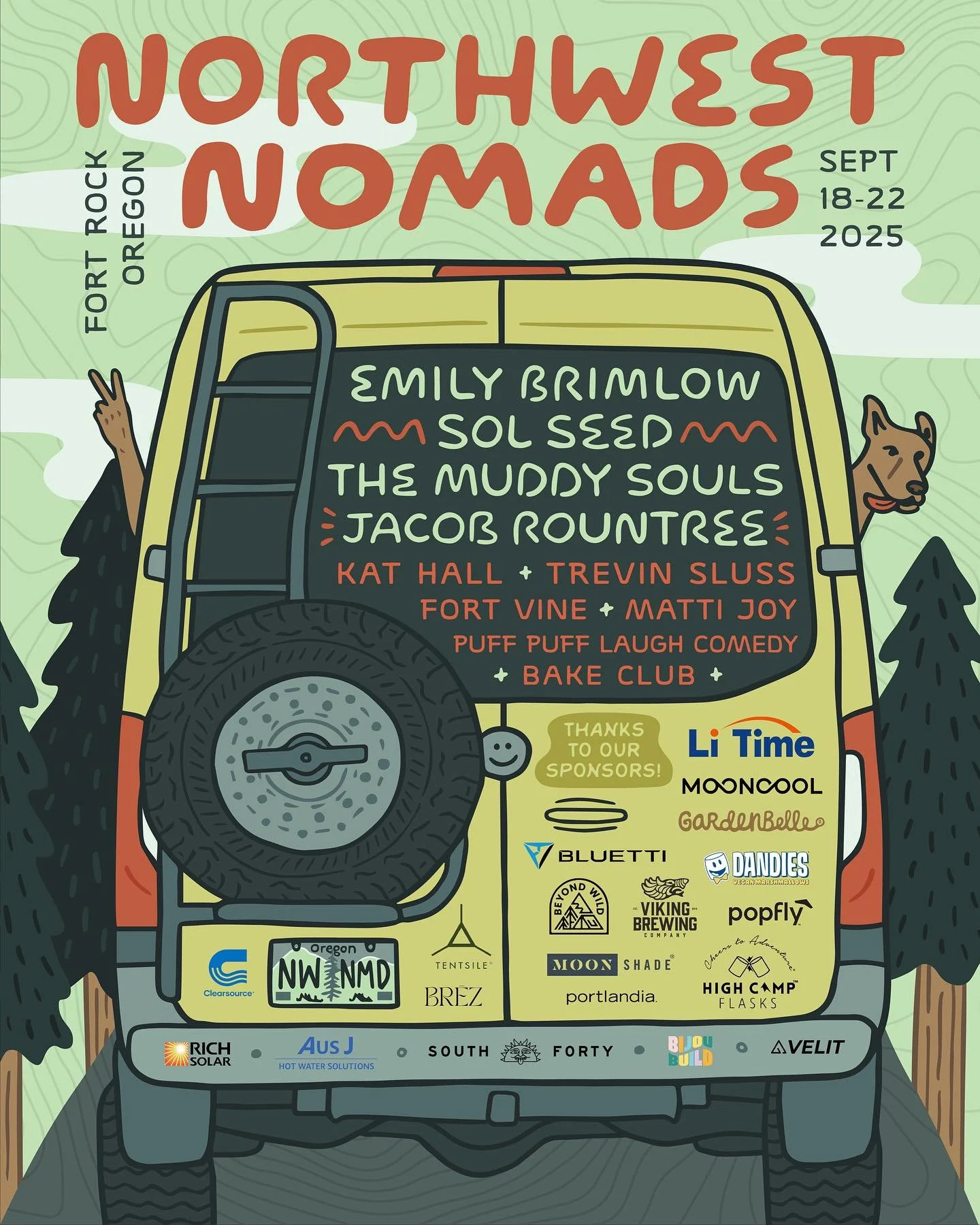 My design for this year&rsquo;s @_northwestnomads music lineup! 🚐 🌲 ✨
.
.
.
#travelingbeardesign #graphicdesign #illustration #handlettering #northwestnomads #vanlife