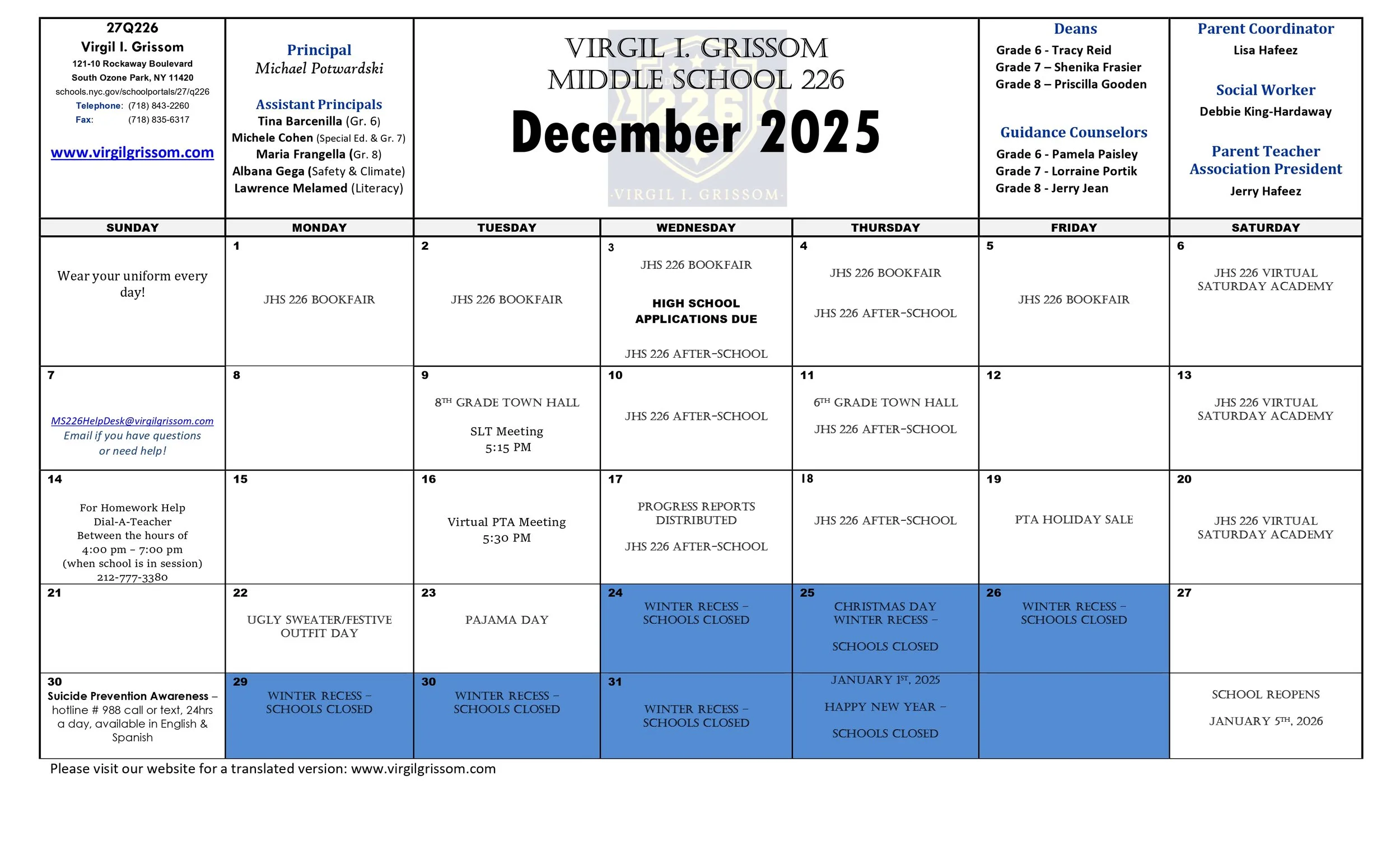 School December 2025 Calendar