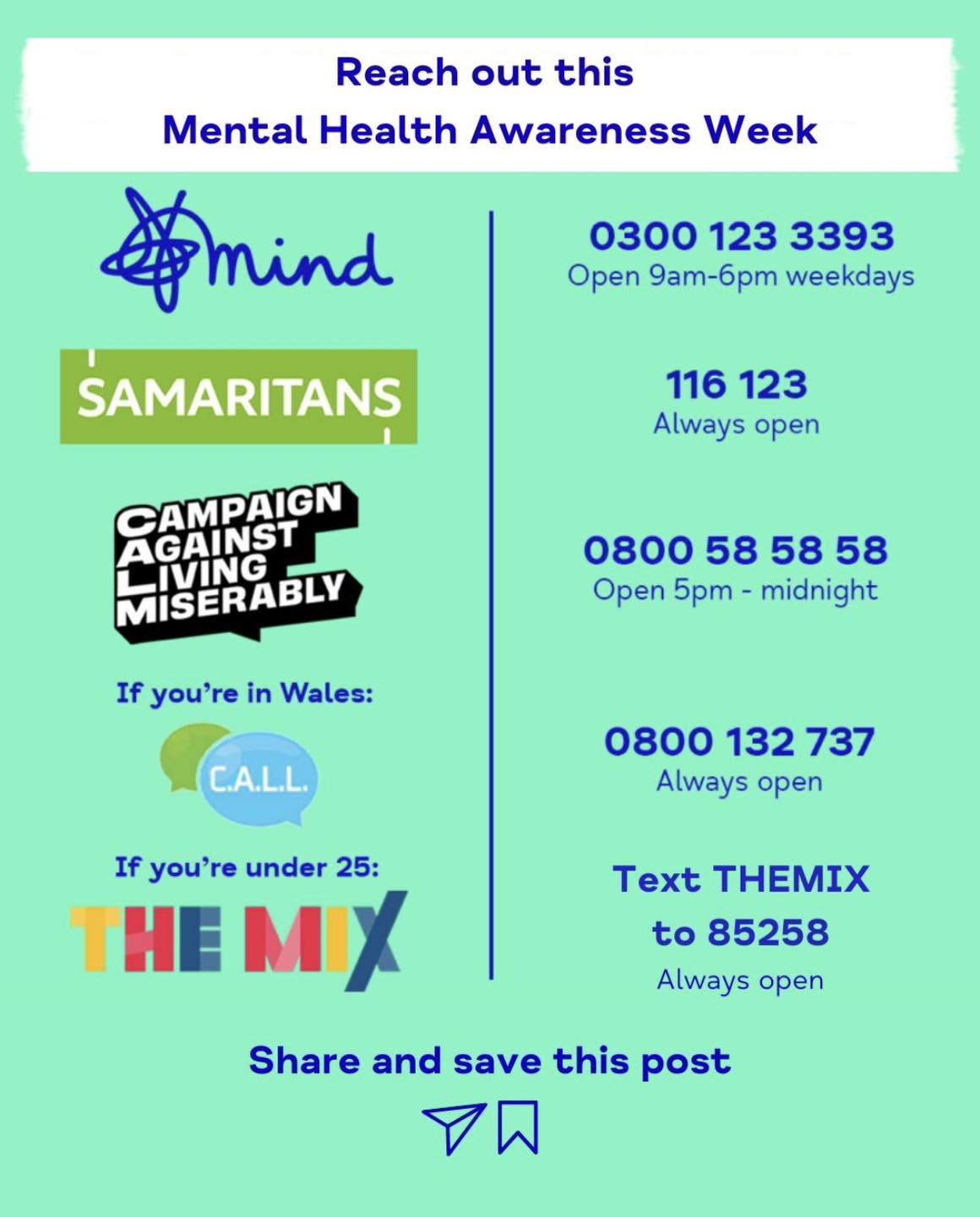If you are needing a little support right now, here&rsquo;s a few telephone numbers to call 📲 
#selfhelp #mentalhealthawareness #mentalhealthmatters #MentalHealthAwarenessWeek
