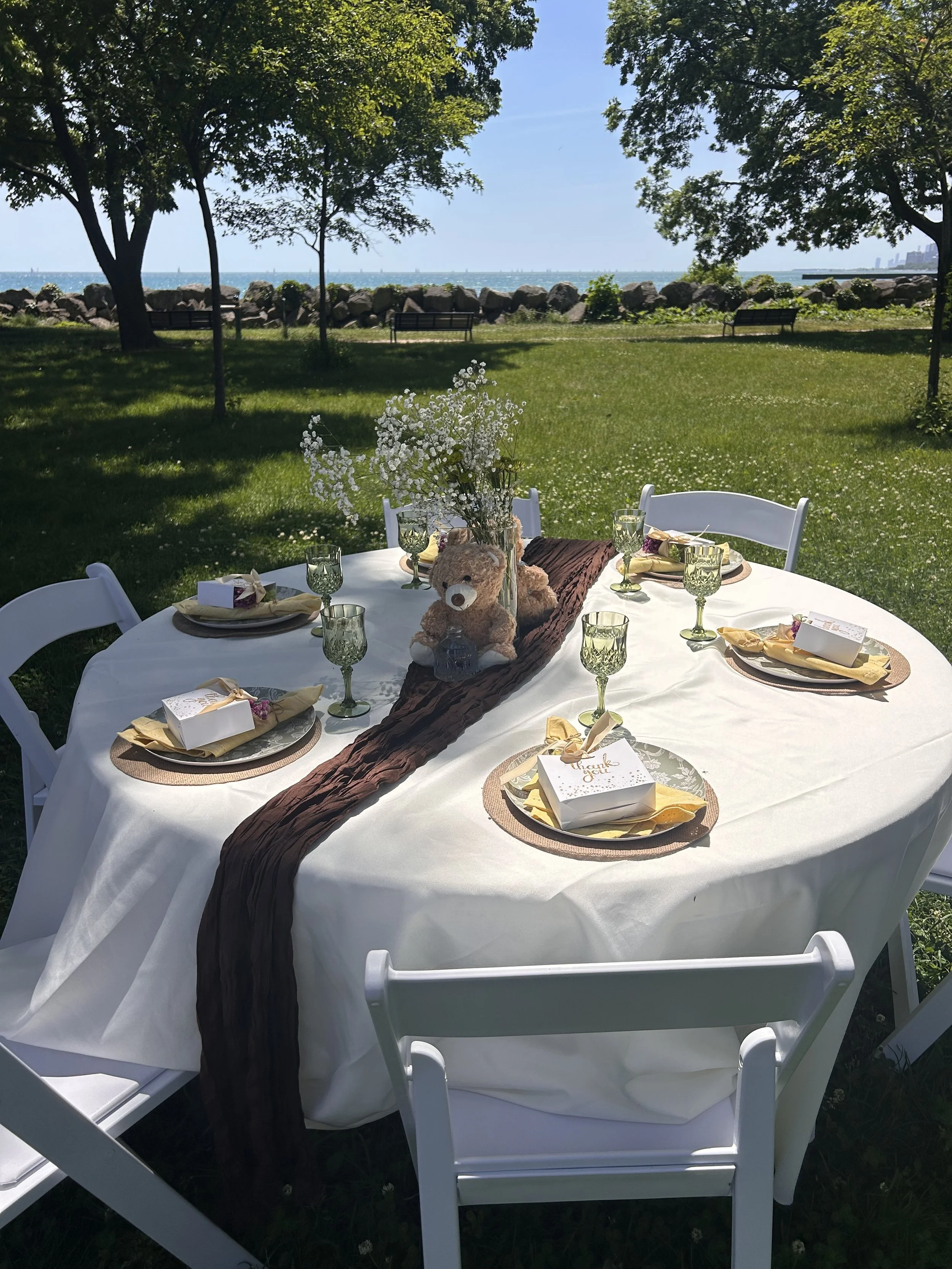small intimate table set up for a baby shower outside at the park. amazing tablescape for baby shower. 