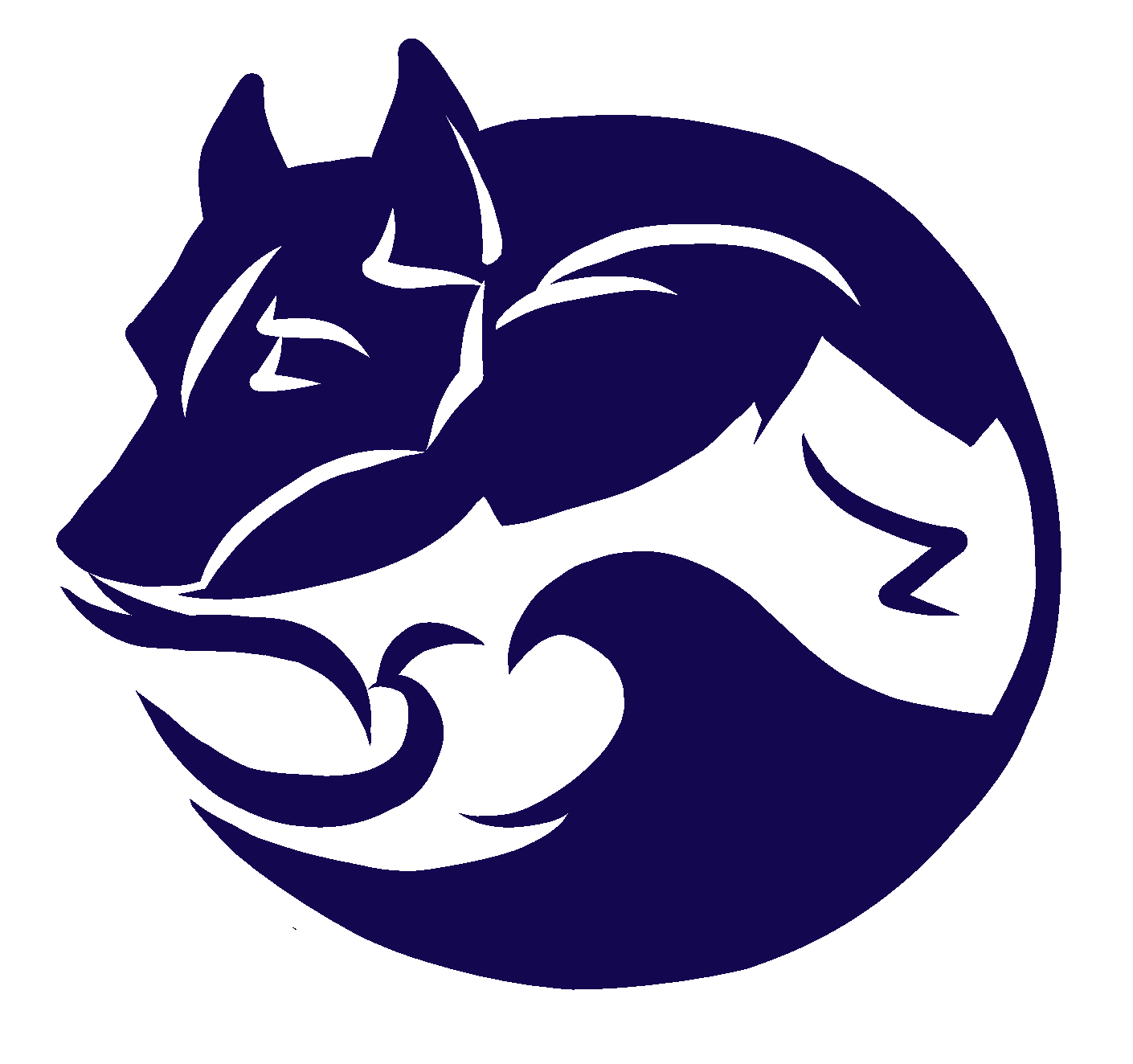 A stylized dark blue wolf curled up in a circular shape with closed eyes, set against a black background.