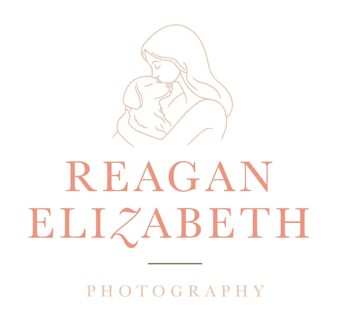 Minimalist logo with an outline of a woman holding a dog, with the text 'Reagan Elizabeth Photography' beneath.