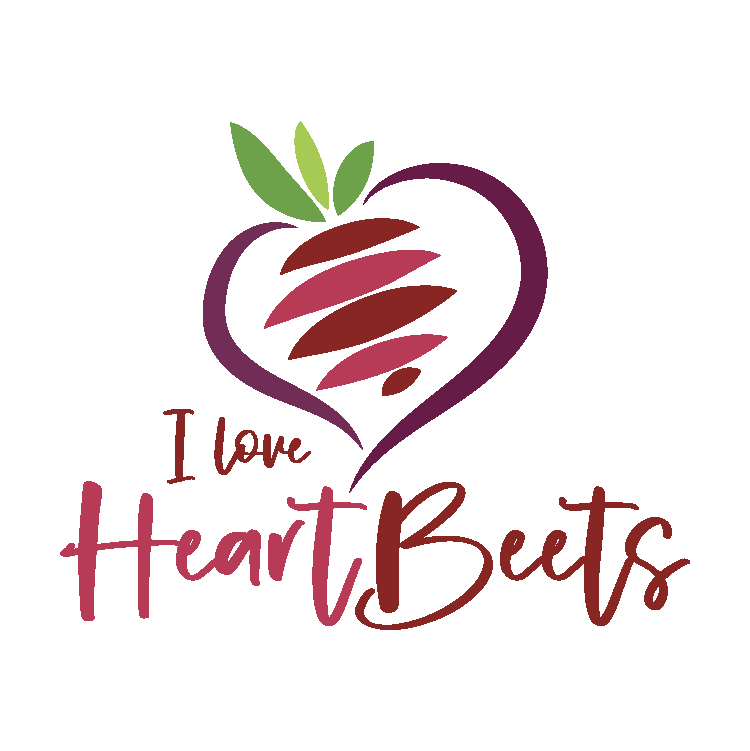 Stylized graphic of a beet with a green leafy top, outlined in purple, with the text "I love Heart Beets" below it.