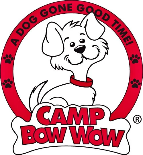 Logo featuring a cartoon dog with a big smile, sitting inside a red circle with the text "A DOG GONE GOOD TIME!" around it. Below the dog, it says "CAMP BOW WOW" in bold red letters with a white cloud background.