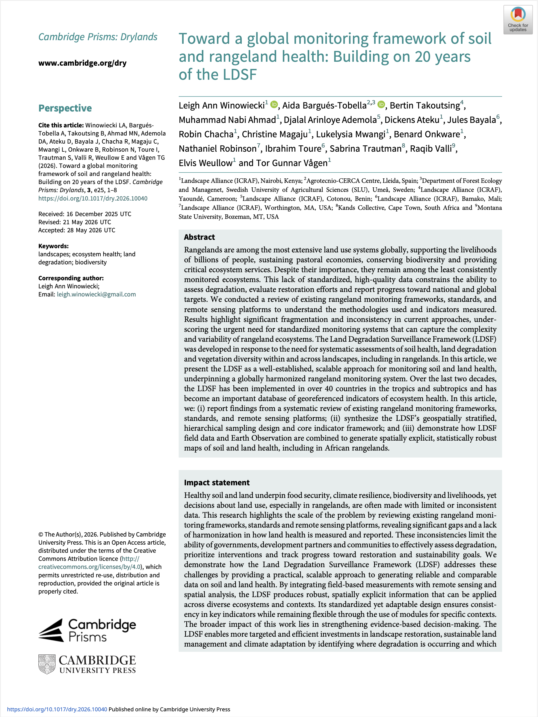 Toward a global monitoring framework of soil and rangeland health: Building on 20 years of the LDSF