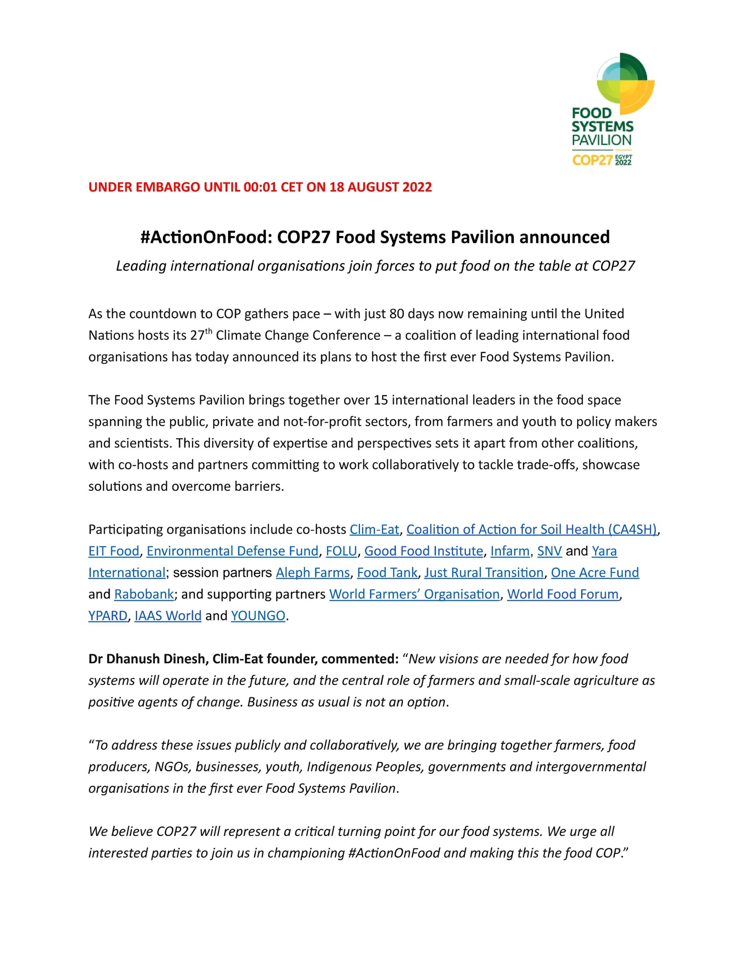 PRESS RELEASE #ActionOnFood: COP27 Food Systems Pavilion announced ...