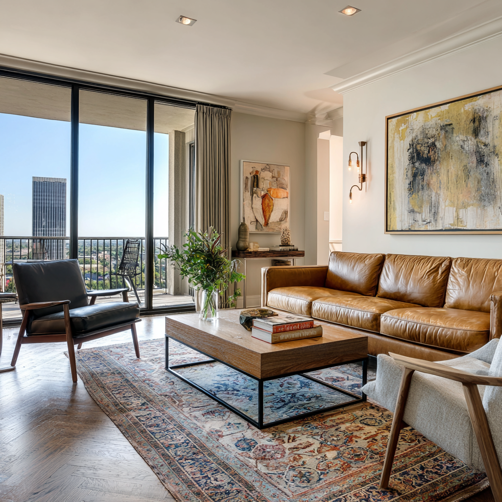 Modern living room with large window balcony, tan leather sofa, black armchair, wooden coffee table, abstract art on the walls, potted plant, and cityscape view.