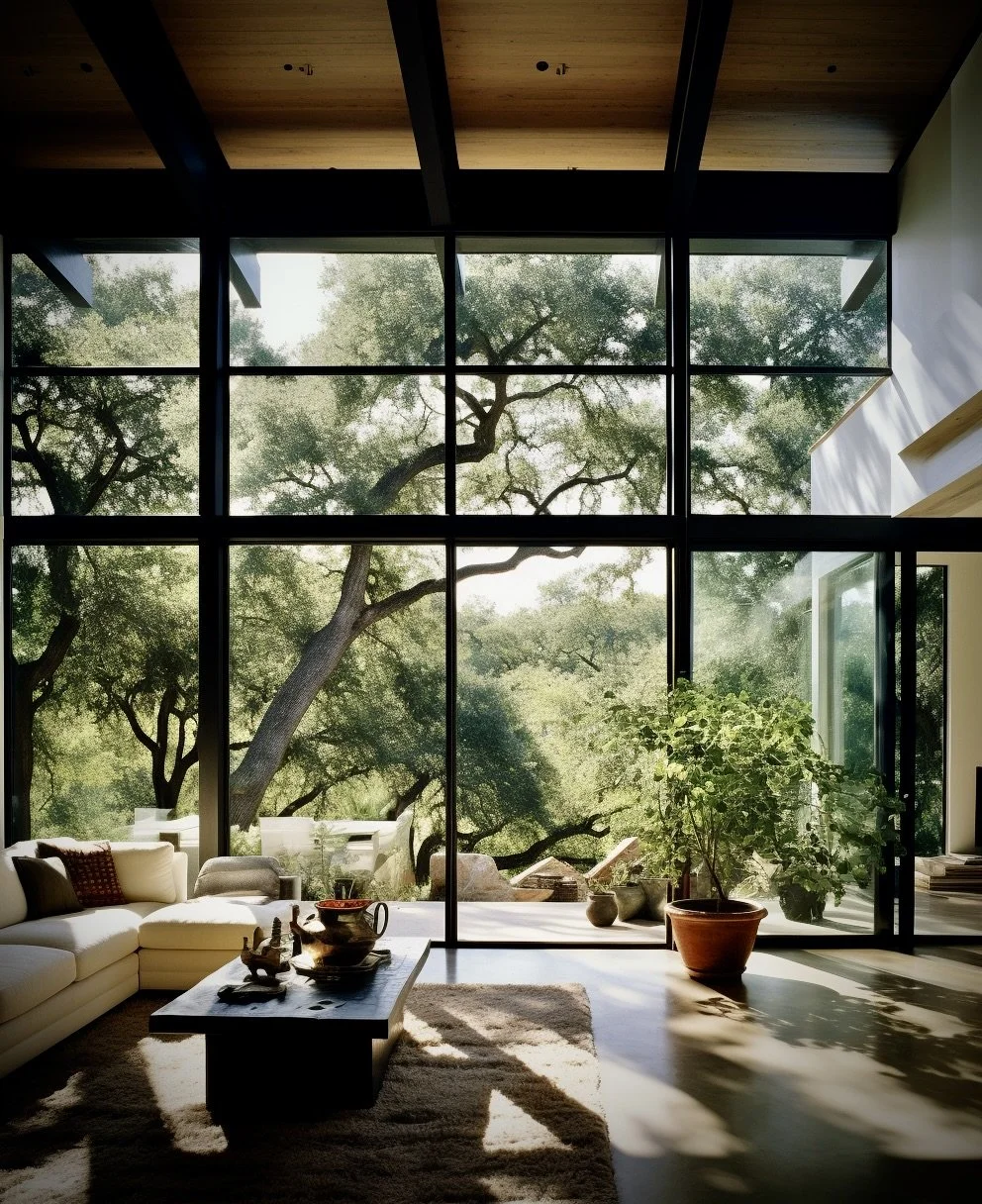 Interior of a modern living room with large floor-to-ceiling windows showing green trees outside, a white sectional sofa, a dark wood coffee table with decorative items, a potted plant, a rug, and sunlight casting shadows inside.
