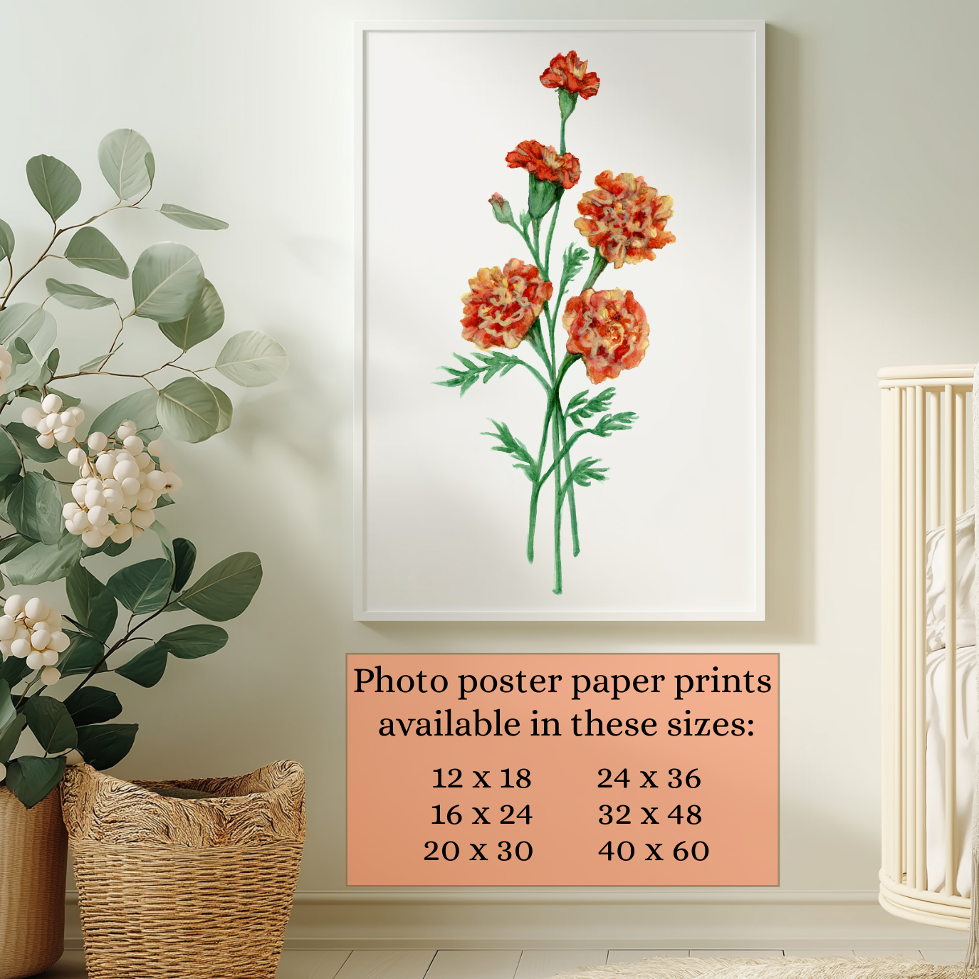 Watercolor Marigold painting available in these sizes as a photo poster print (inches): 12X18, 16X24, 20X30, 24X36, 32X48, and 40X60