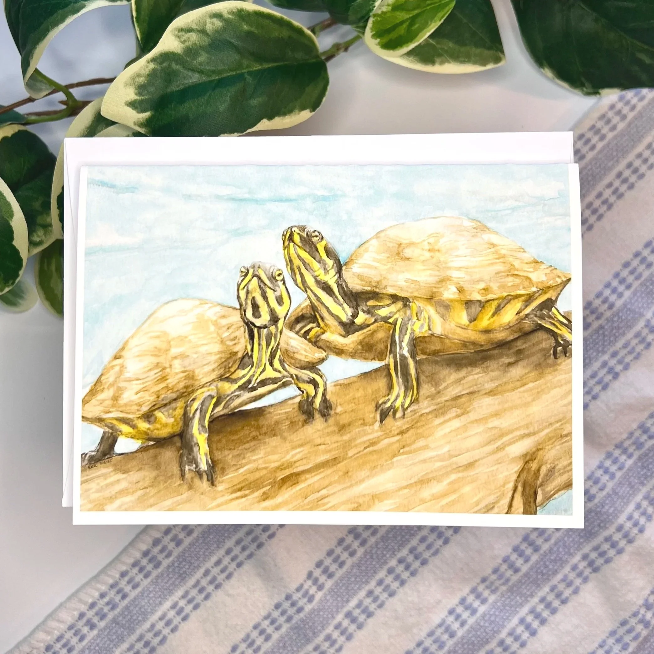 Watercolor card of two turtles sunbathing on a summer log
