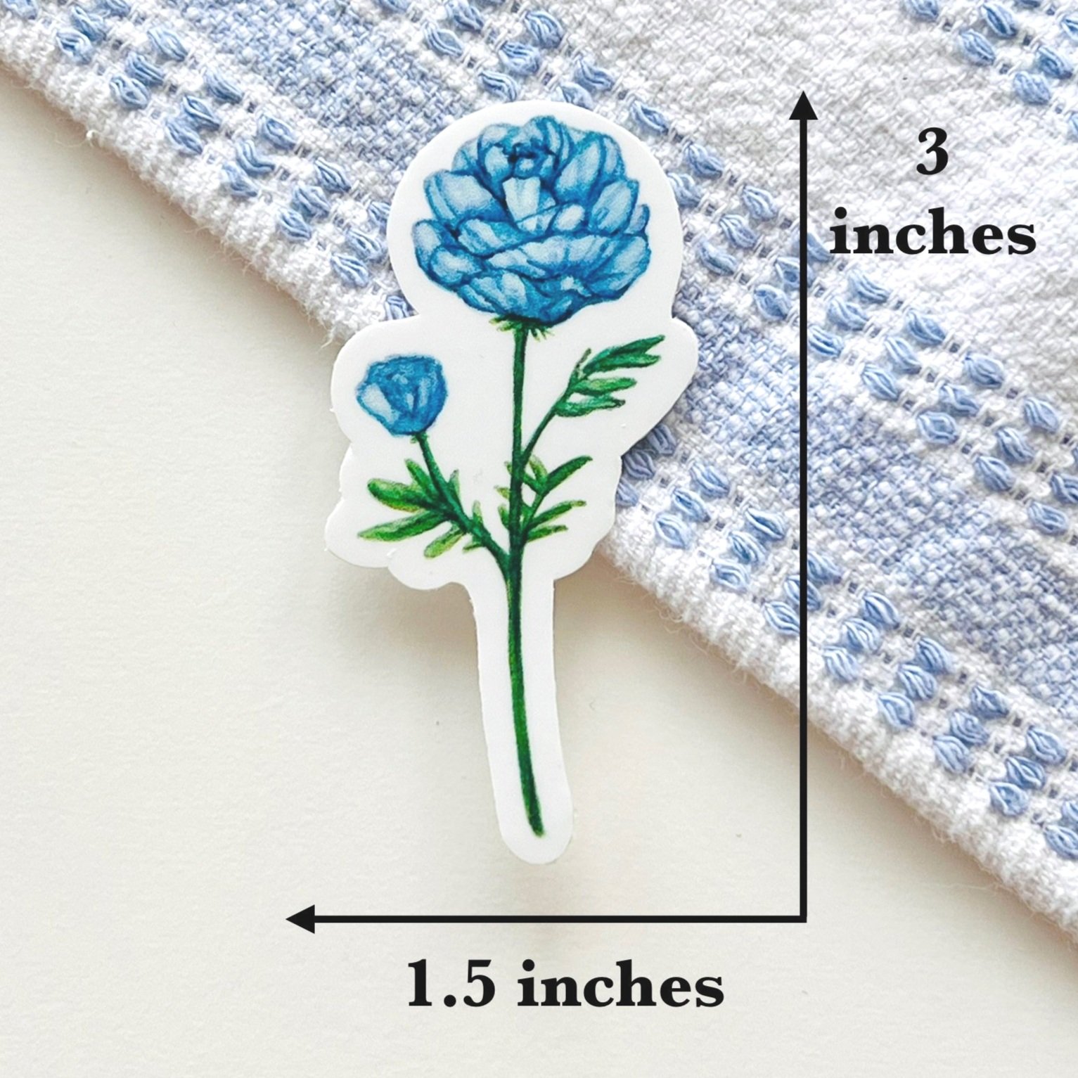 Watercolor blue Peony flower sticker size - 3 X 1.5 inches