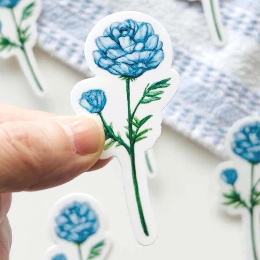 Watercolor blue Peony flower sticker close up