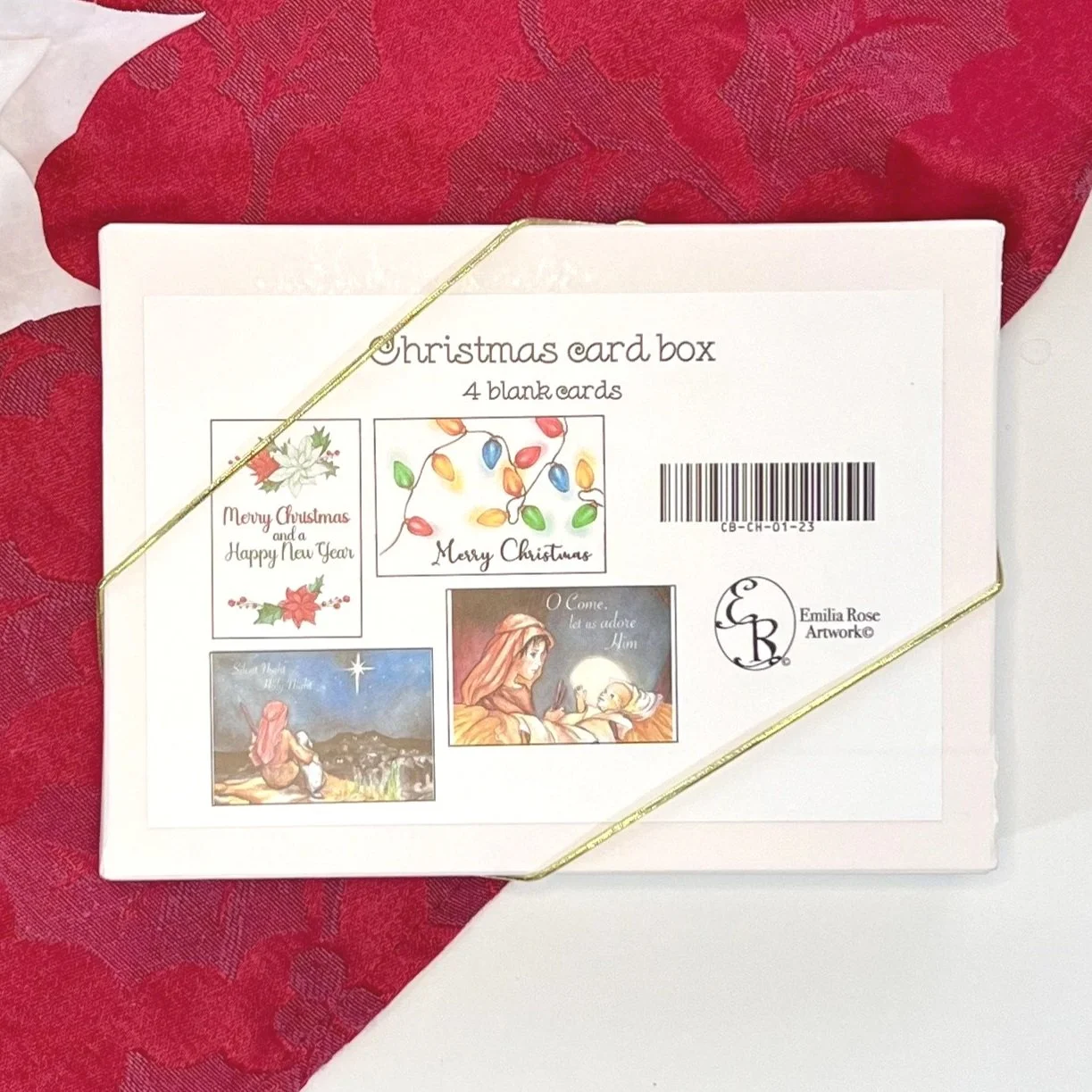 Watercolor Christmas card box includes 4 cards: the Christmas lights card, the "Merry Christmas and Happy New Year" card, the "Come Let Us Adore" card, and the "Silent Night, Holy Night" card