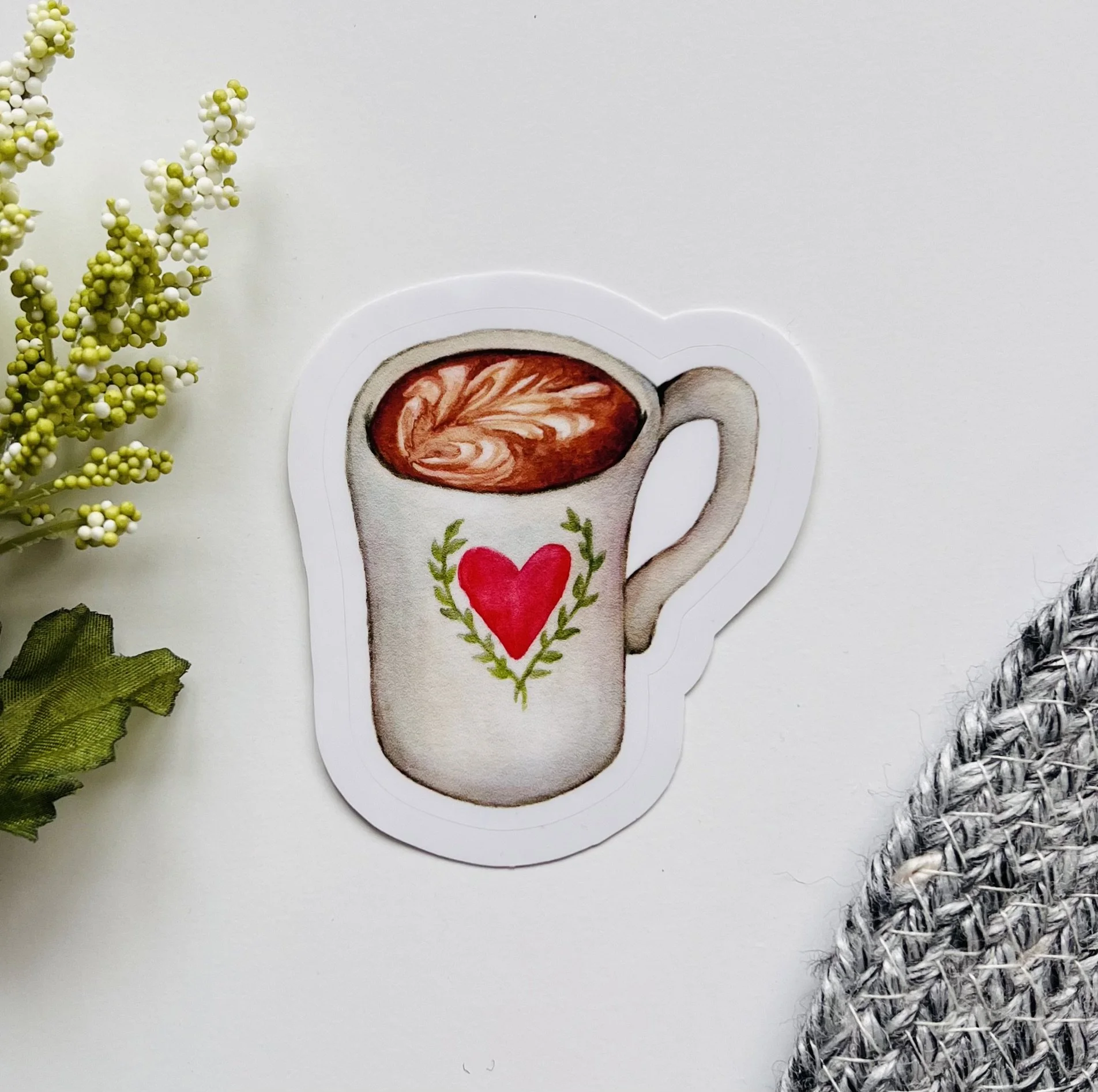 Watercolor Latte in a heart mug sticker - comes with a waterproof layer so it works well on water bottles and laptops