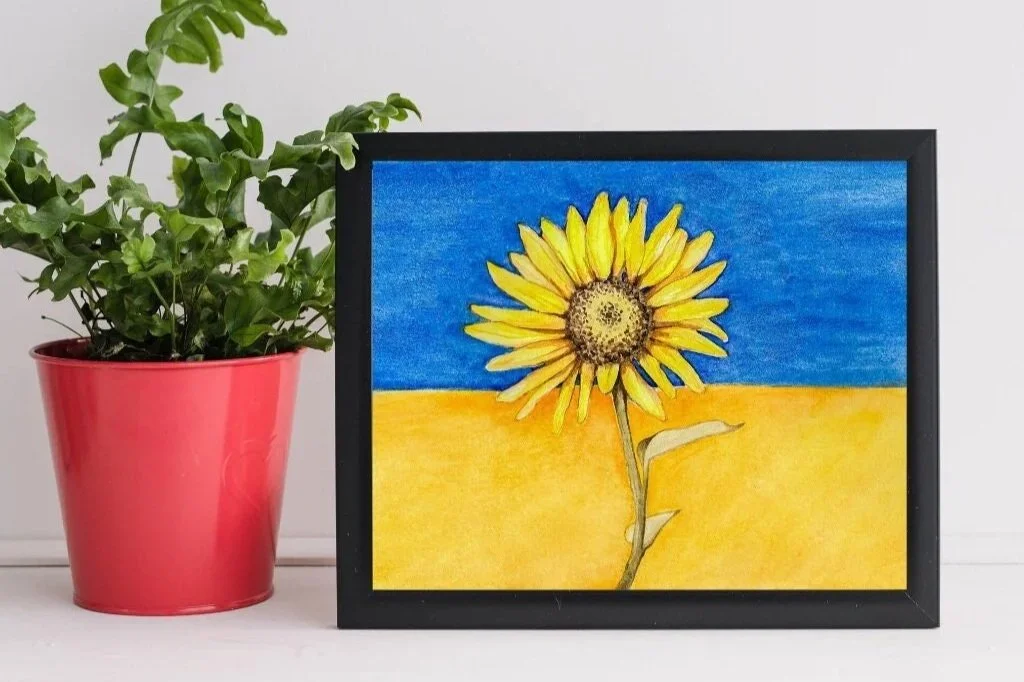 Watercolor Art print of sunflower against a Ukrainian flag